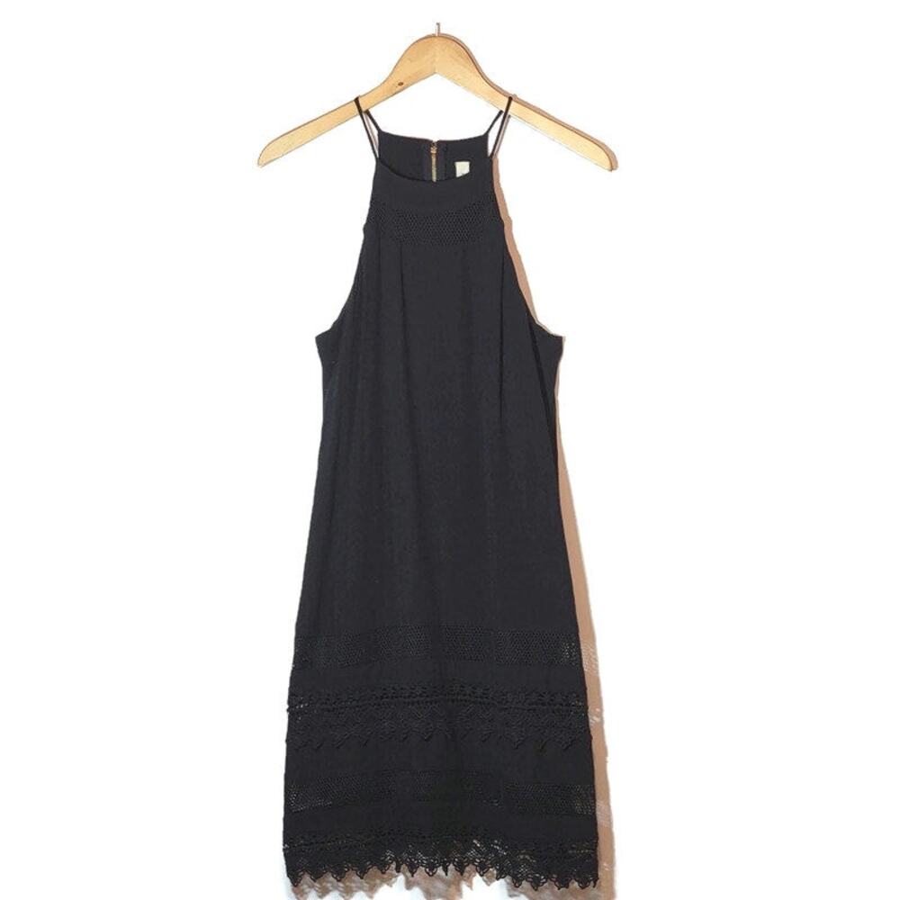 OneTheLand Crochet Eyelet Lace Halter Dress Mini Black Boho Party Festival Small